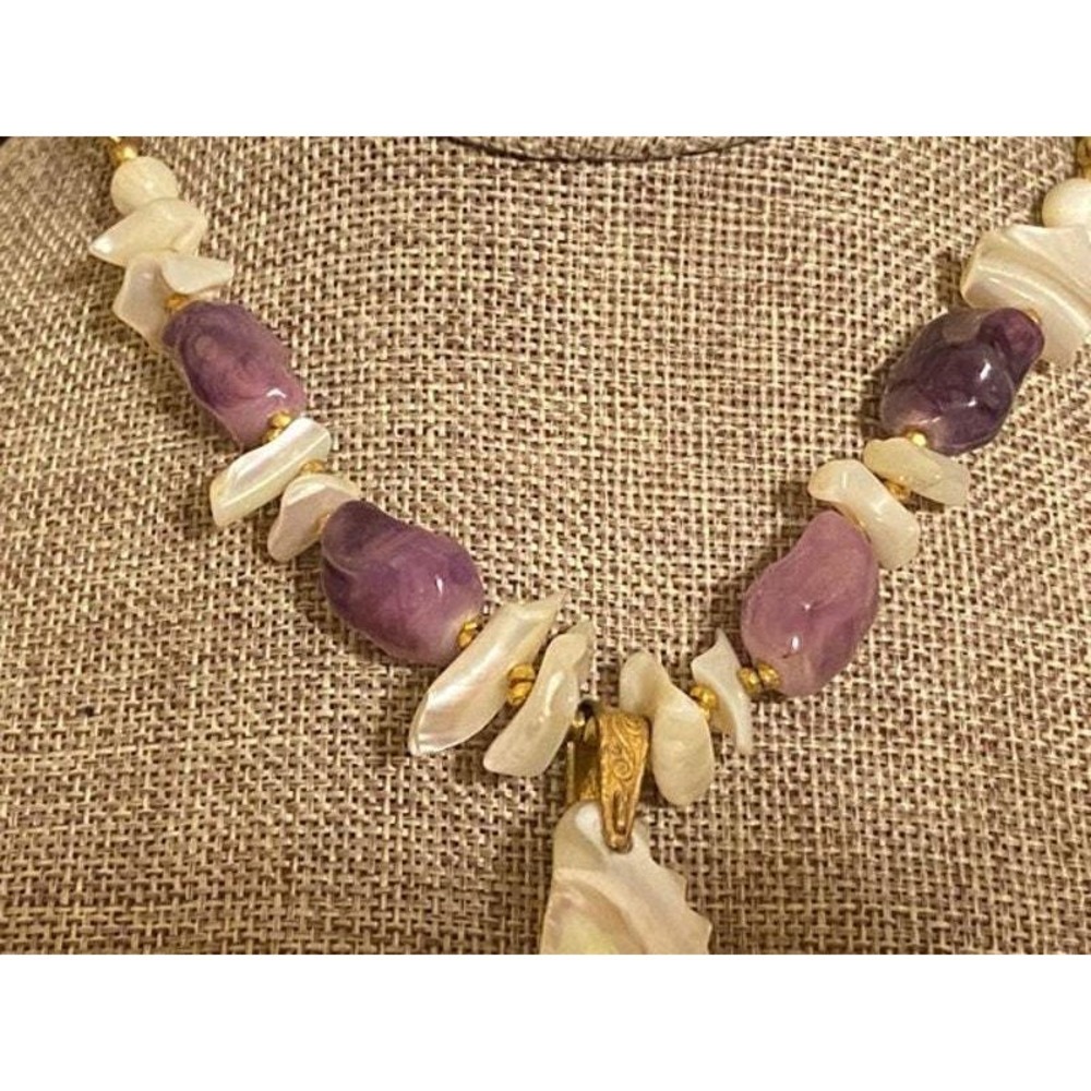 Miriam Haskell Goldtone Amethyst and MOP Shell Pendant Necklace 23" - Picture 8 of 8